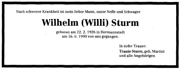 Sturm Wilhelm 1926-1990 Todesanzeige